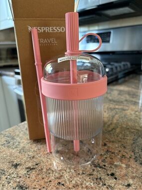 NWT Limited Edition Nespresso Pink Travel Tumbler with Straw
